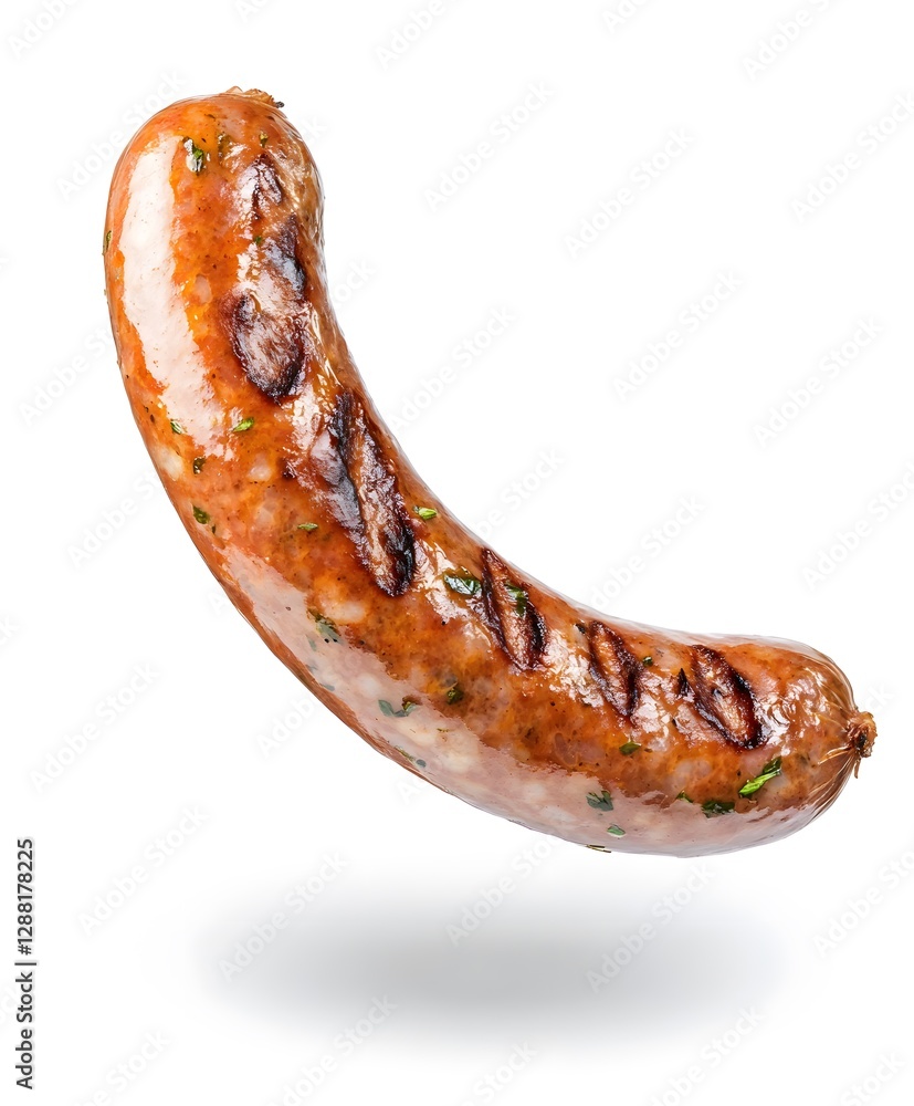 A delicious grilled sausage that is suspended in mid air A delicious grilled sausage that is suspended in mid air