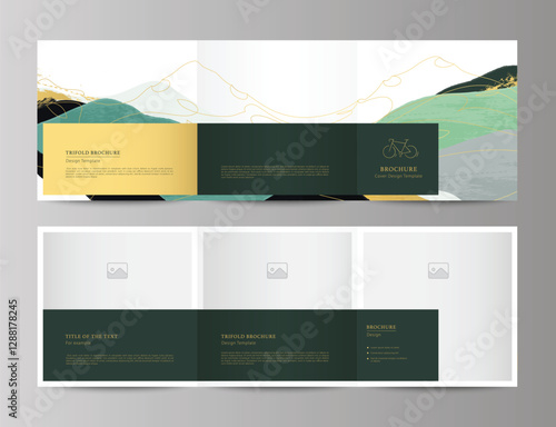 Elegant tri-fold brochure featuring abstract mountains with textured details and golden lines, a stylish bicycle icon, and designated photo placeholders. Perfect for luxury design, travel, and outdoor