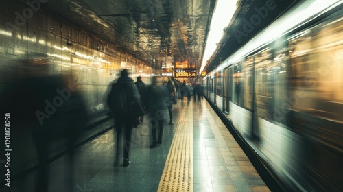 Blurred motion of commuters walking along a dimly lit underground metro platform as a speeding train arrives, capturing the dynamic energy and movement of urban public transportation.

