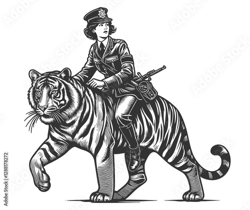Wallpaper Mural fierce female police officer in uniform riding a massive, roaring tiger, blending fantasy and authority sketch engraving generative ai raster illustration. Scratch board. Black and white image. Torontodigital.ca