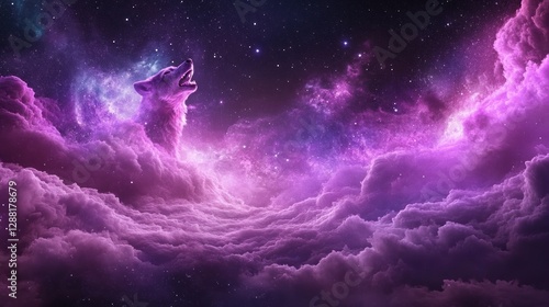 Cosmic Wolf Howling in Purple Nebula Cloudscape