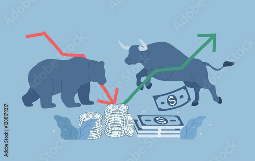 Bull and bear markets, Symbol of investment, Risk or volatility in trading markets, Growth and decline of financial markets, Economic peaks and recessions,  Flat vector design illustration.