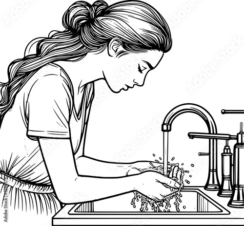 wash hands illustration, washing hand lineart.