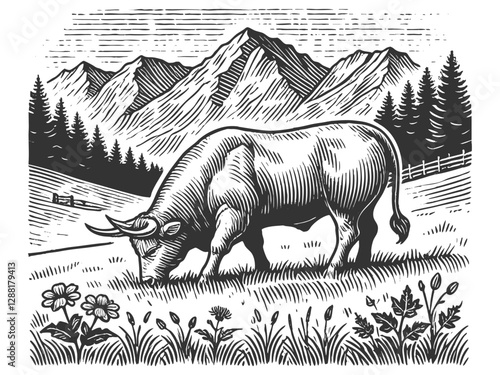 Argentine bull grazes in the mountains of Argentina sketch engraving generative ai fictional character vector illustration. Scratch board imitation. Black and white image.