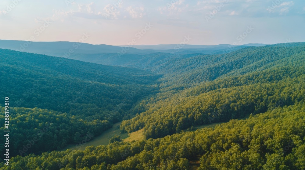 Obraz premium Beautiful Summer Panoramic Landscape in Lush Green Valleys and Rolling Hills 