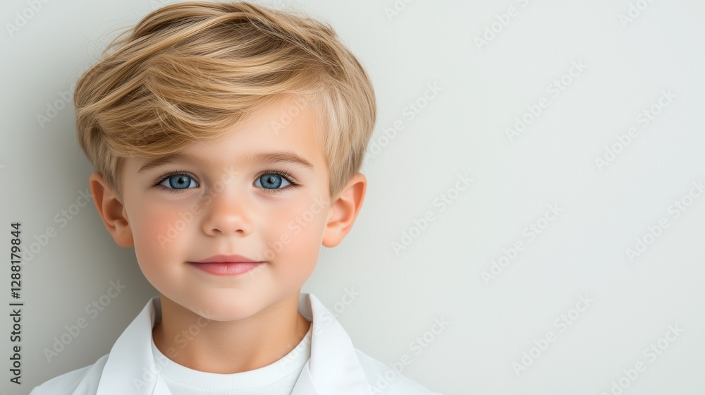 Cute young boy with bright blue eyes wearing a white coat against a clean backdrop Cute young boy with bright blue eyes wearing a white coat against a clean backdrop