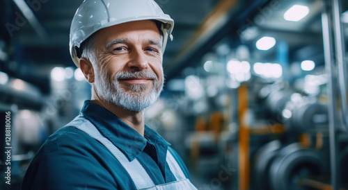 Wallpaper Mural A middle-aged worker wears a hard hat and blue overalls, smiling proudly in a bustling industrial environment filled with machinery Torontodigital.ca