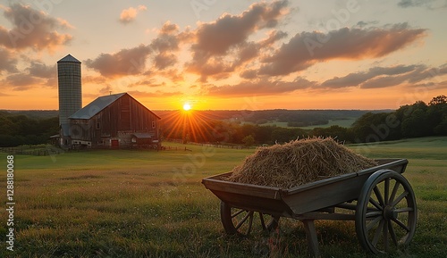 Rustic Farmhouse at Sunset with Hay Waggon
