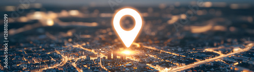 glowing geolocation icon hovers over modern cityscape at night, illuminating urban landscape with vibrant lights. scene captures essence of connectivity and navigation