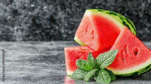 Fresh watermelon slices with mint on a dark surface photo