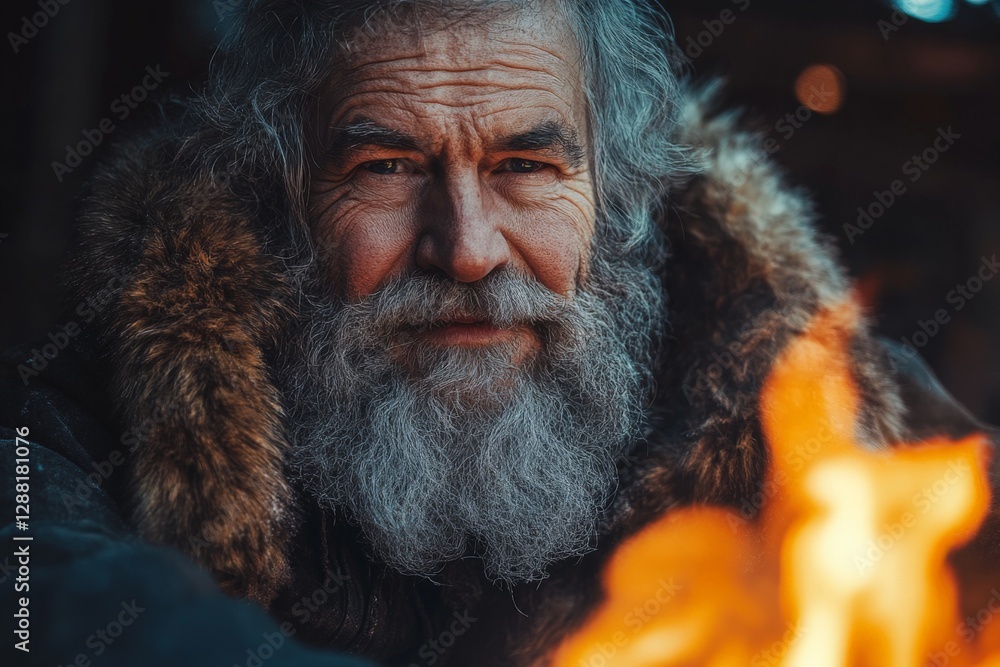 Elderly man with a remarkable beard sits by a campfire, radiating warmth in a winter setting Elderly man with a remarkable beard sits by a campfire, radiating warmth in a winter setting