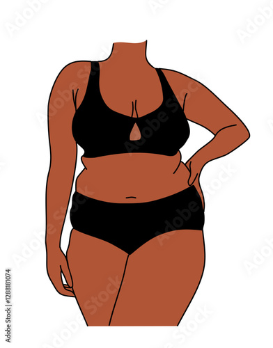 Curvy black woman vector colored line art drawing. Plus size beautiful girl in bikini, underwear. Body positive abstract minimalist illustration