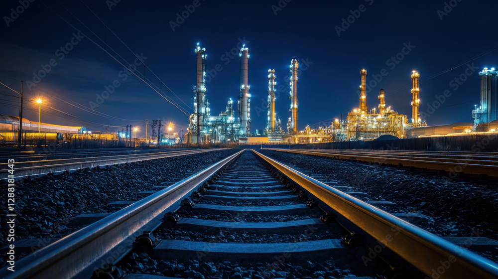 Fototapeta premium Railway tracks lead towards a brightly lit industrial plant at night, showcasing towering structures and complex machinery
