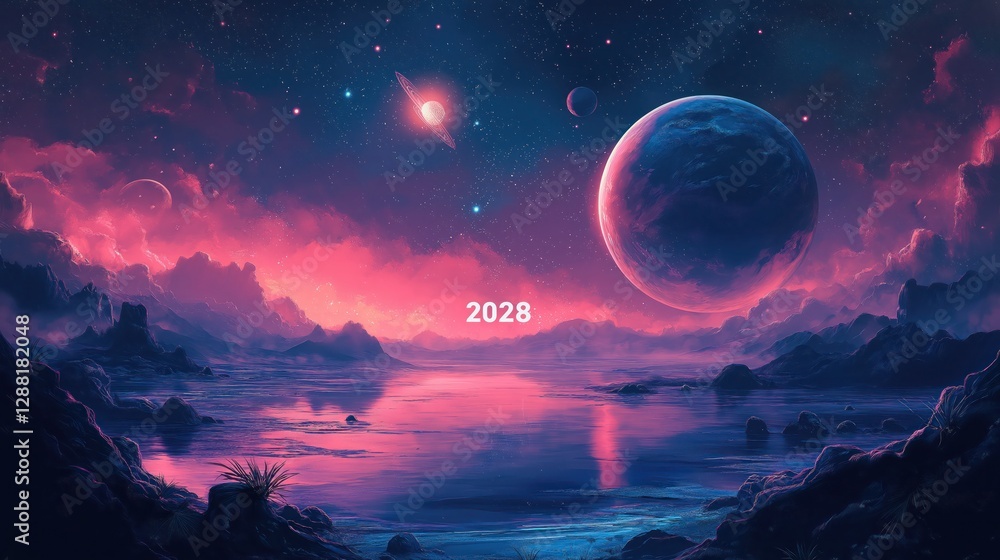 cosmic 2028 design with stars, planets, and glowing comet in deep space cosmic 2028 design with stars, planets, and glowing comet in deep space