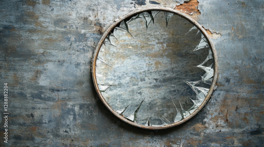 Fototapeta premium A broken mirror reflects on a weathered grunge textured wall