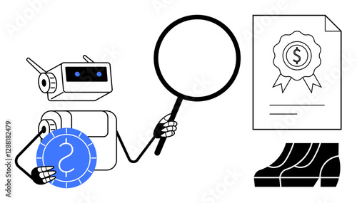 Robot holding magnifying glass and coin inspects a financial document with certified badge. Ideal for financial analysis, auditing, automation, certification, technology integration, AI innovations