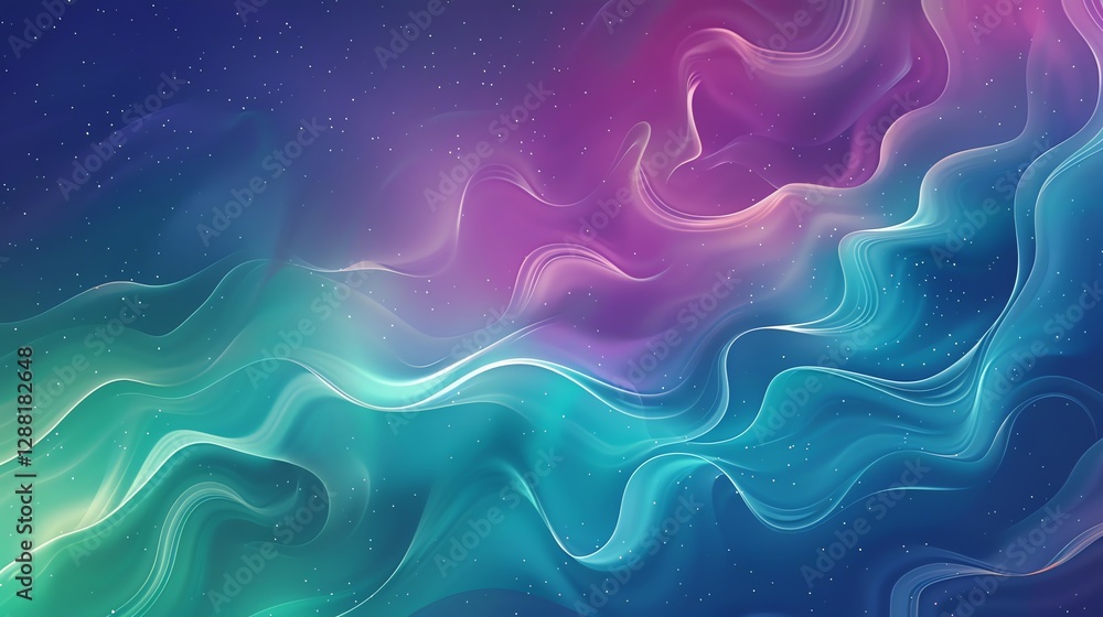 Obraz premium An abstract background with swirling blue, green, and pink lines and white stars.