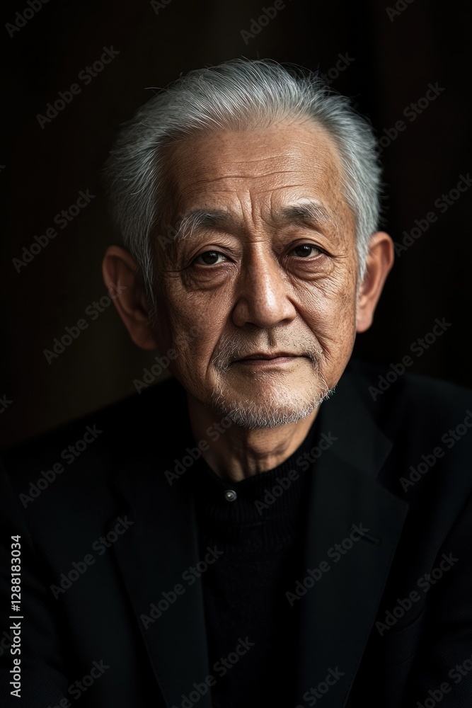 Obraz premium Elderly man in black attire with a thoughtful expression