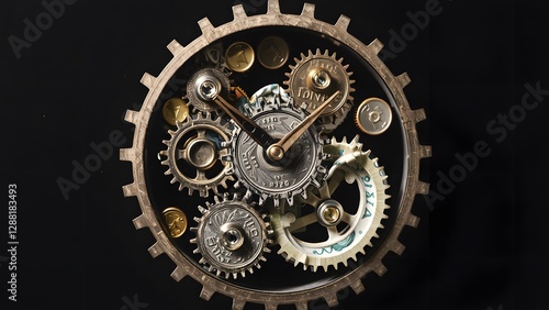 Clockwork Mechanism with Gears Made of Coins and Banknotes
