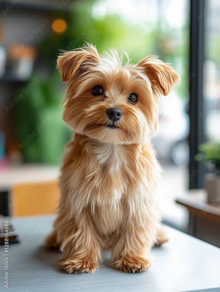 Small brown dog sits on table in a cozy cafe Small brown dog sits on table in a cozy cafe