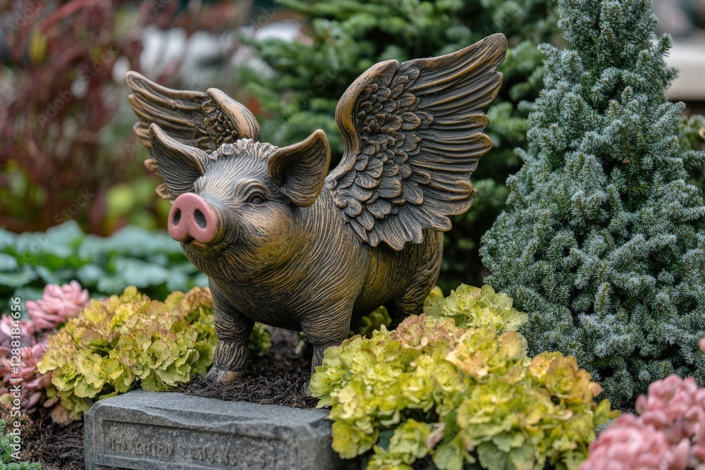Fototapeta premium A Whimsical Bronze Pig Sculpture with Wings Amidst Colorful Garden Flowers in a Lush Outdoor Setting