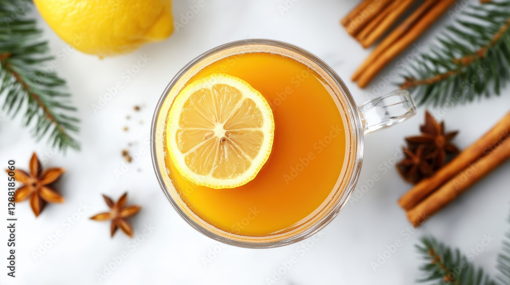 Refreshing lemon and turmeric tea in frosted glass, garnished with lemon slice. Surrounded by cinnamon sticks, star anise, and pine branches, creating cozy atmosphere Refreshing lemon and turmeric tea in frosted glass, garnished with lemon slice. Surrounded by cinnamon sticks, star anise, and pine branches, creating cozy atmosphere