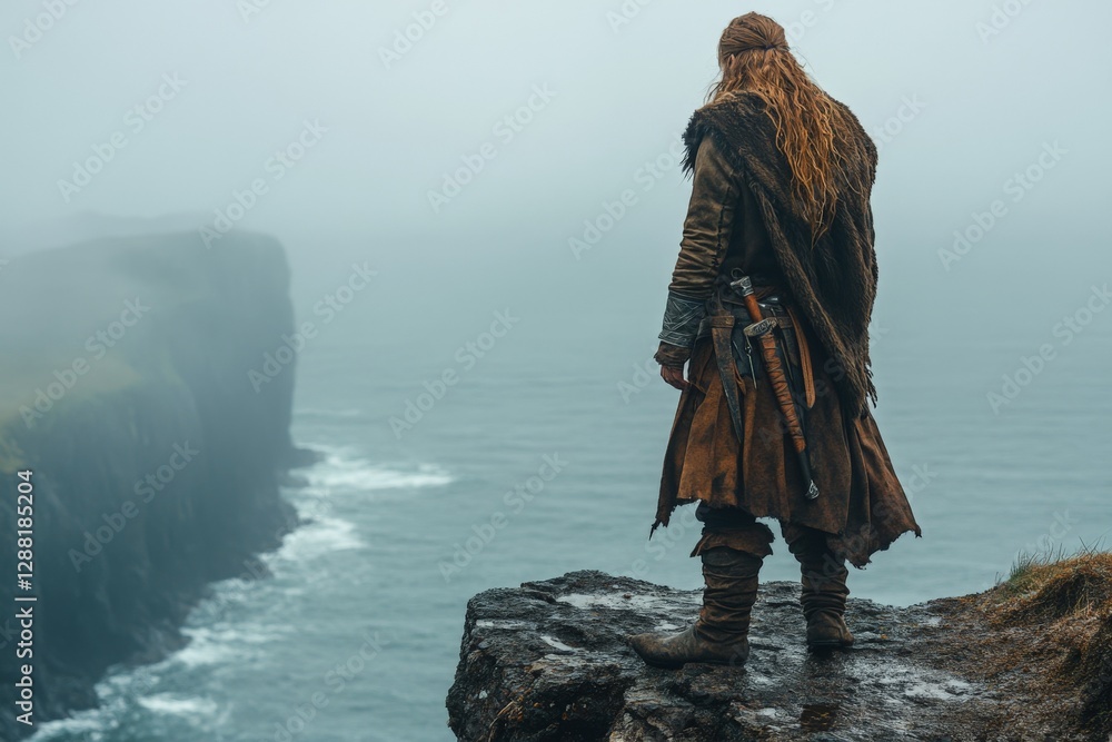 Fototapeta premium Warrior stands on cliff edge overlooking foggy ocean landscape at dawn in a mystical coastal setting