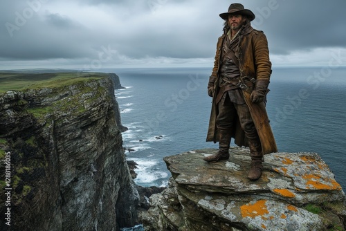 Mysterious figure stands on cliff edge overlooking rugged coastline under gray skies photo