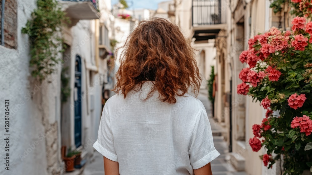 Fototapeta premium Woman standing on cobblestone street in a European town, looking down sidewalk towards colorful flowers and traditional buildings.