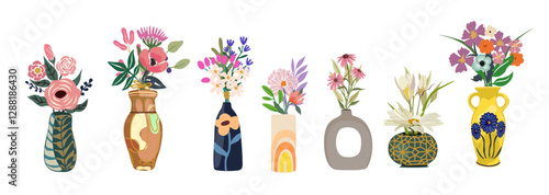Set of wild and garden blooming flowers in vases isolated on white background. Collection of bouquets, decorative floral design elements. Cartoon colorful vector illustration. Digital stickers.