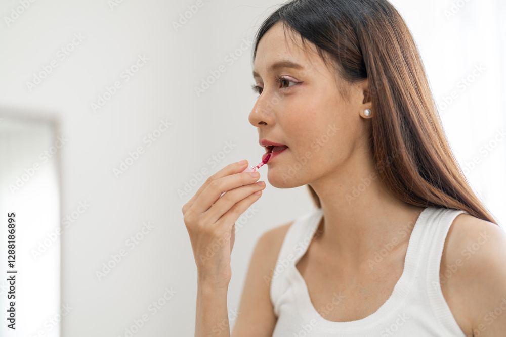 Smiling beautiful asian woman fresh healthy skin looking on mirror and enjoying applying skincare lips with red lipstick at home.facial beauty and cosmetic concept Smiling beautiful asian woman fresh healthy skin looking on mirror and enjoying applying skincare lips with red lipstick at home.facial beauty and cosmetic concept