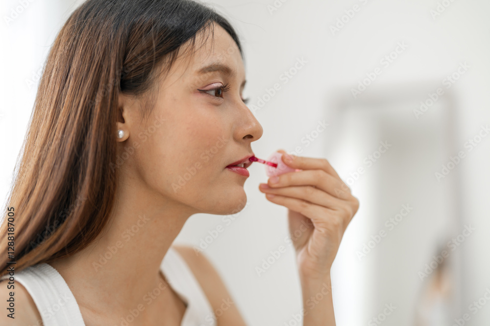 Smiling beautiful asian woman fresh healthy skin looking on mirror and enjoying applying skincare lips with red lipstick at home.facial beauty and cosmetic concept Smiling beautiful asian woman fresh healthy skin looking on mirror and enjoying applying skincare lips with red lipstick at home.facial beauty and cosmetic concept
