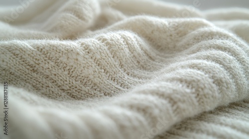 Cream knit fabric texture closeup, soft, wrinkled, background blurred