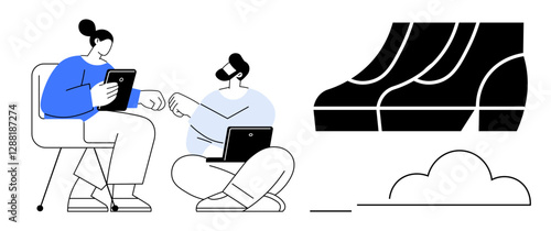 Two people use digital devices while sitting, engaging in discussion with abstract step and cloud imagery. Ideal for teamwork, digital collaboration, brainstorming sessions, remote work, technology