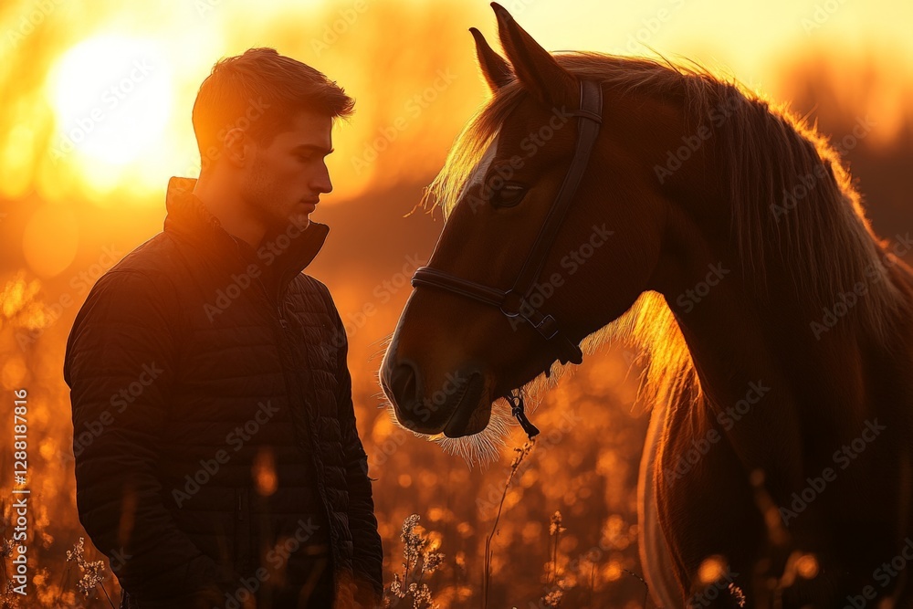 Obraz premium Man and horse share a quiet moment at sunset in a tranquil golden field
