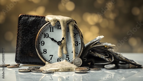 Melting Wallet on a Vintage Clock, Surreal Representation of Financial Loss