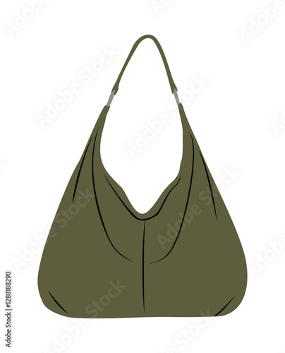 Modern fashion women bag. Leather female green handbag, hobo bag, purse, tote, shoulder bag. Fashionable handmade accessory. Hand drawn trendy Vector illustration isolated