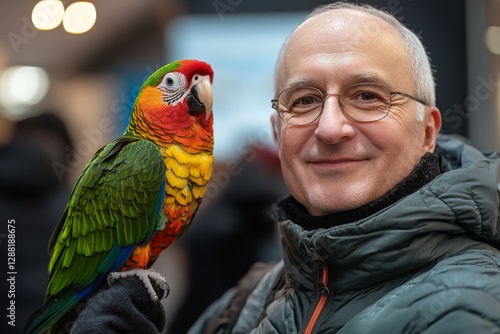 Colorful parrot perched on the arm of a smiling man at an indoor event in winter photo