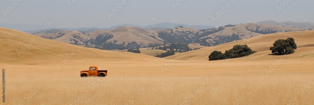 Obraz premium A Vibrant Scene of an Old Farming Truck Surrounded by Expansive Golden Hills Under a Clear Blue Sky in a Rural Landscape