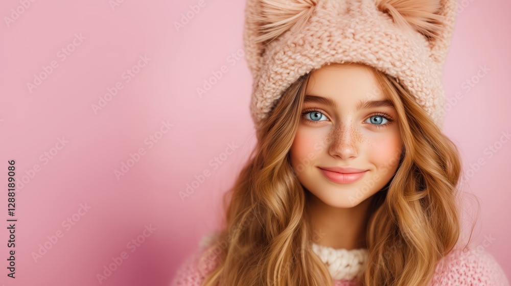Young woman wearing a cozy hat with ears against a pastel pink background while smiling Young woman wearing a cozy hat with ears against a pastel pink background while smiling