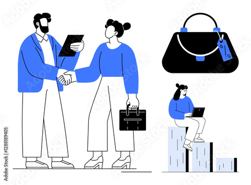 Wallpaper Mural Professional individuals handshake in business setting, man holding clipboard, woman with briefcase, another sitting on bar graph working on a laptop, handbag accessory. Ideal for business Torontodigital.ca