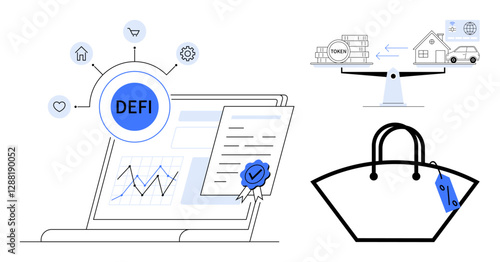 Laptop displaying DeFi chart, smart contract, value scale balancing money, house, car, shopping bag symbolizing shopping. Ideal for finance, technology, DeFi blockchain finance management smart