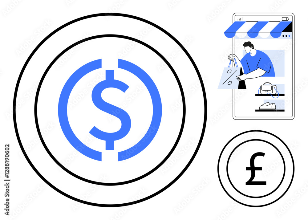 Large dollar and pound currency icons with online shopping scene featuring customer and mobile storefront. Ideal for e-commerce, digital payments, currency exchange, virtual shopping, finance apps Large dollar and pound currency icons with online shopping scene featuring customer and mobile storefront. Ideal for e-commerce, digital payments, currency exchange, virtual shopping, finance apps