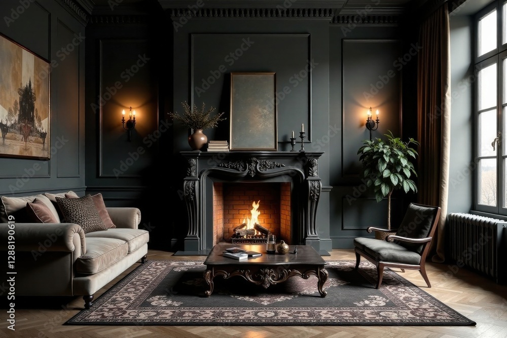 Elegant Dark Living Room with Ornate Fireplace and Luxurious Furniture Elegant Dark Living Room with Ornate Fireplace and Luxurious Furniture