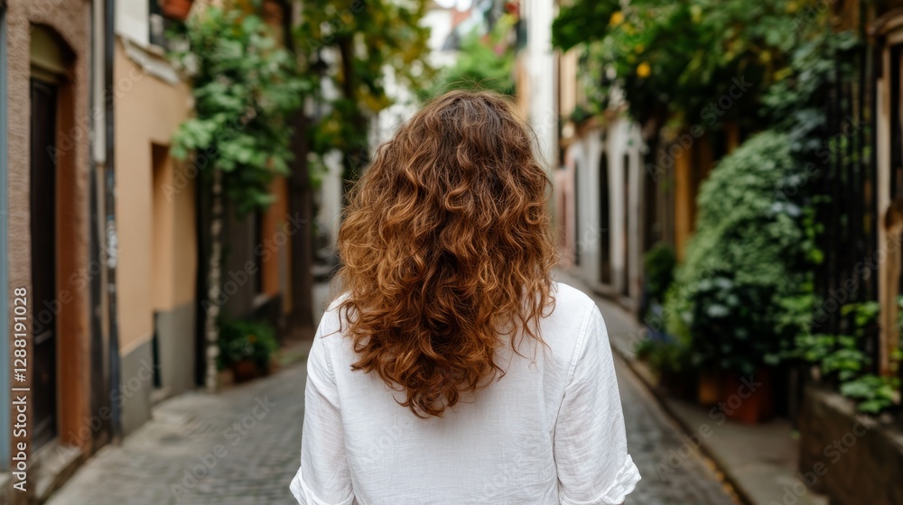 Fototapeta premium Long-haired person standing by cobblestone street, surrounded by potted plants and buildings with balconies and shutters.