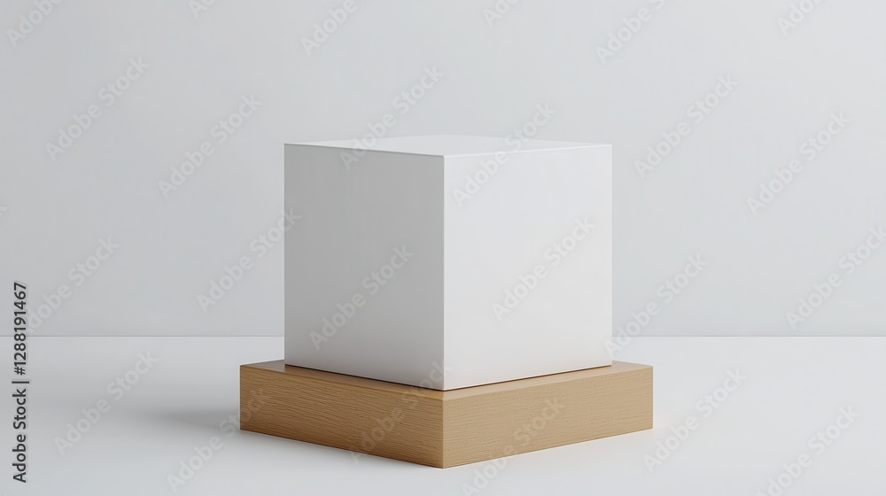 Minimalist white cube on wooden base against neutral background, ideal for modern design concepts. Minimalist white cube on wooden base against neutral background, ideal for modern design concepts.