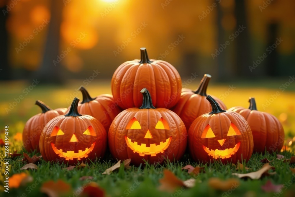 Group of carved pumpkins in a pile on a grassy field with fall foliage, fall decorations, pumpkin display Group of carved pumpkins in a pile on a grassy field with fall foliage, fall decorations, pumpkin display