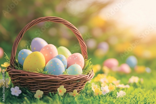 Colorful easter eggs in a wicker basket surrounded by spring flowers and greenery, Easter basket with hand painted eggs copy space for text photo