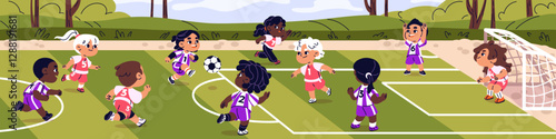 Cute kids play football on field. Happy children are on sport match, game. Opponent teams of soccer players contest, kick ball. Little athletes in uniform training at school. Flat vector illustration