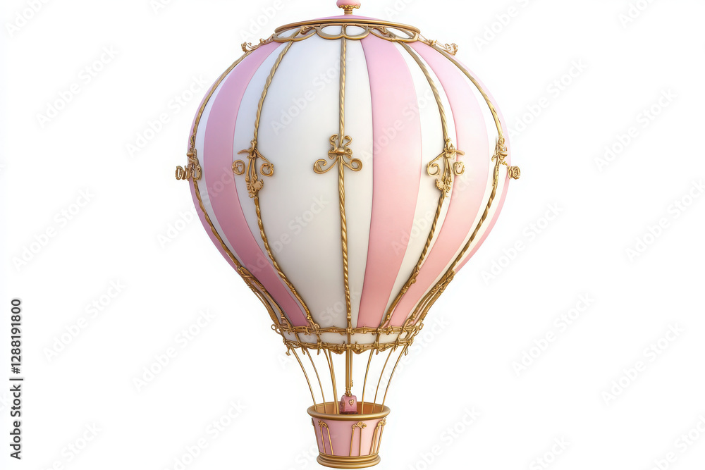 Fototapeta premium Pink and white hot air balloon with gold detailing on white background